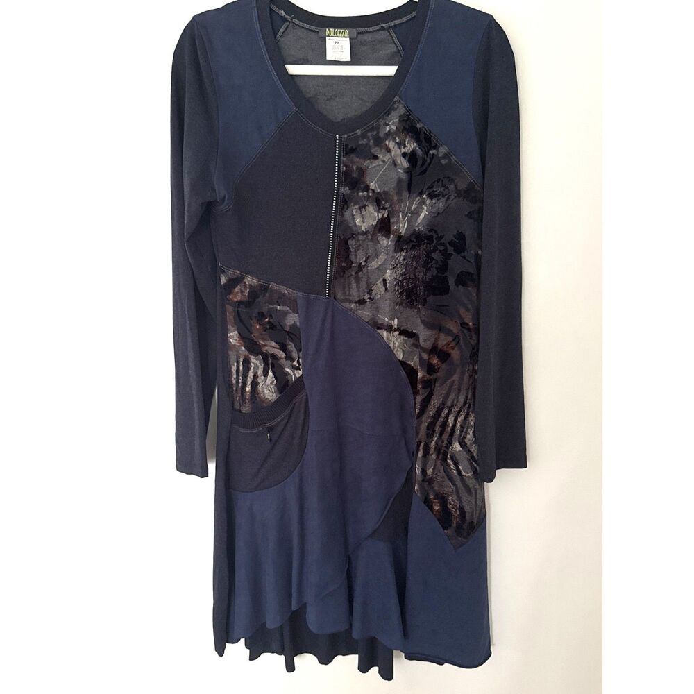 Dolcezza Blue V Neck Long Sleeve Dress Asymmetrical Burnout Detail Artsy Style M
